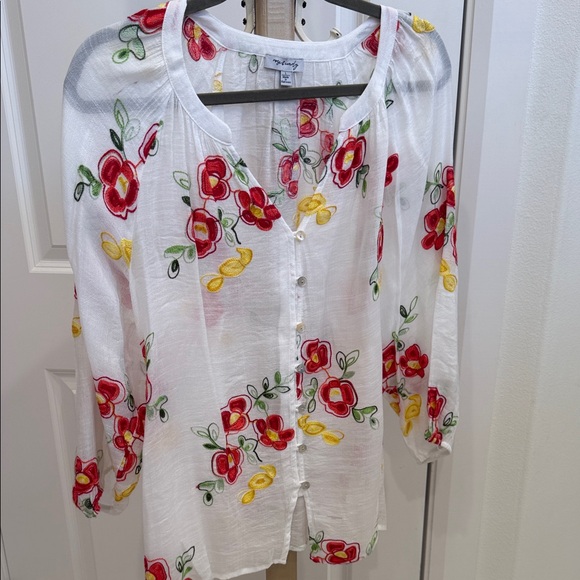 rose & everly Tops - Embroidered Floral Button-Front Women’s Top in White with Red & Yellow Flowers